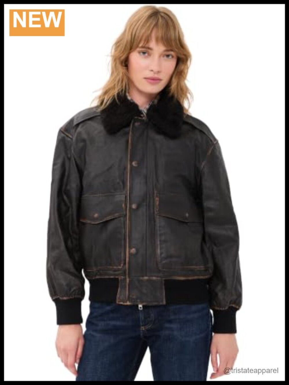 Detachable Collar Leather A-2 Bomber Jacket Women's Long Sleeve